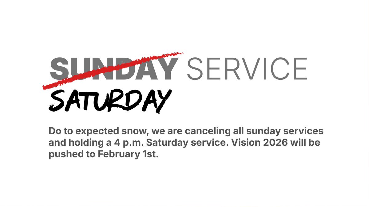 CedarHtsChurch's tweet photo. With impending weather Sunday services are moving to Saturday afternoon at 4pm with kids church available. We will also push Vision 2026 to next Sunday. We hope Sunday will be a blessing to you as you hunker down &amp; enjoy the snow falling. https://t.co/mryevNDJ2n