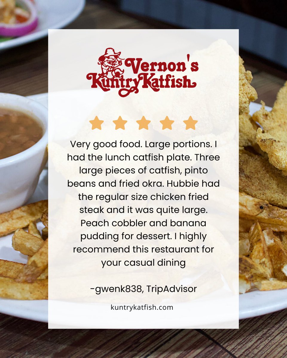KuntryKatfish's tweet photo. ⭐️⭐️⭐️⭐️⭐️

Very good food and generous portions! From our catfish plates to chicken fried steak and classic desserts like peach cobbler, it’s casual dining done right.

Visit https://t.co/8q4IPKuhHy

#VernonsKuntryKatfish #FiveStarReview #CasualDining #EatLocal #ConroeEats https://t.co/hd7cBKGCI7