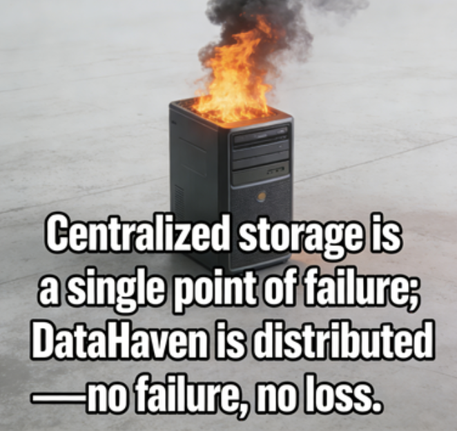 Slava_Past's tweet photo. @DataHaven_xyz Centralized storage is a single point of failure; DataHaven is distributed—no failure, no loss. https://t.co/YxfpzZv2ks