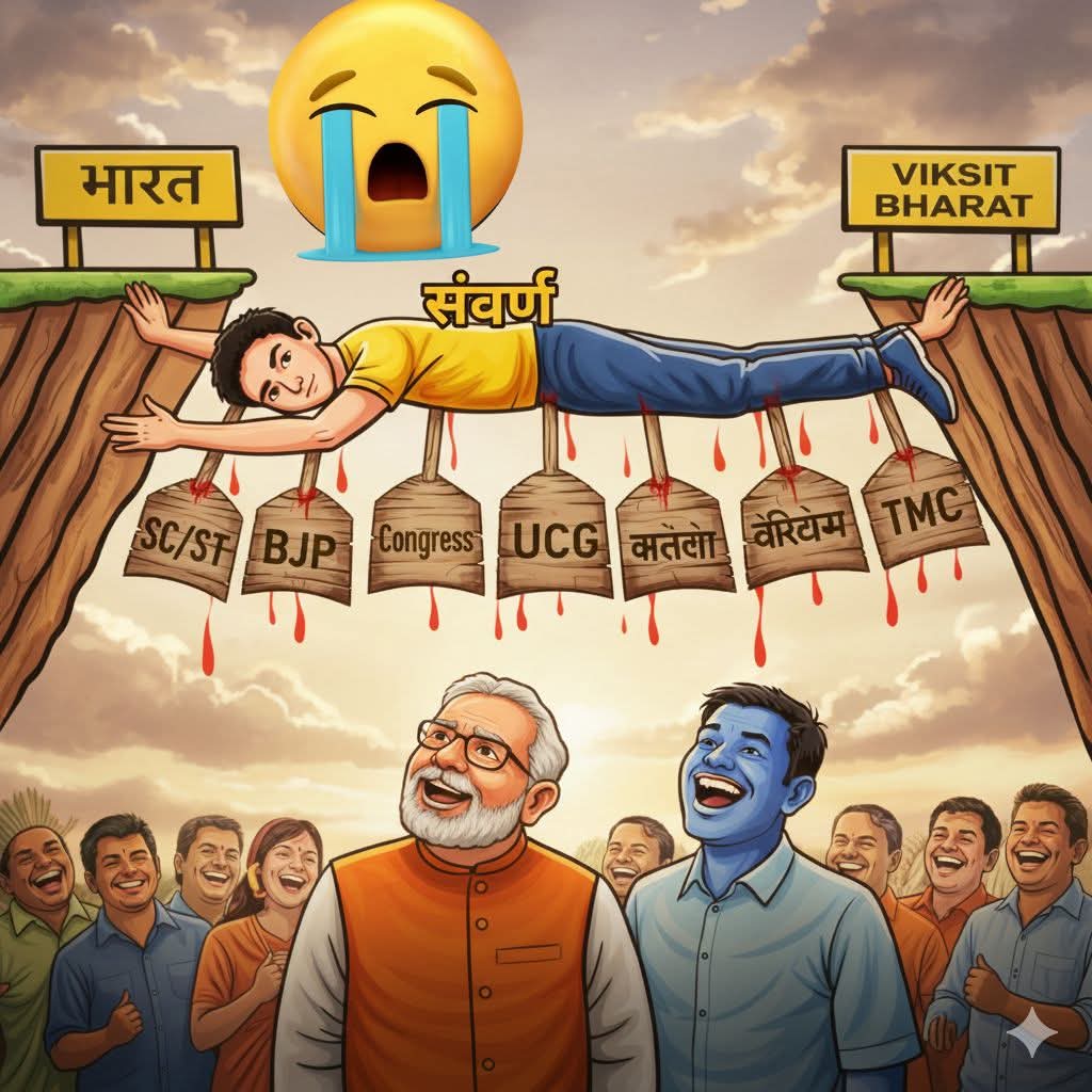राष्ट्रवाद का झोला टांगे मैं सवर्ण आवारा हूँ,
मुसलमान से यदि बच जाऊं तो दलितों का चारा हूँ।

कांग्रेस ने दर्द दिए तब हमने कमल का फूल चुना,
किंतु जेल में डाल रहे ये हमे कोई पड़ताल बिना॥

Cont..
#Rollback_UGC