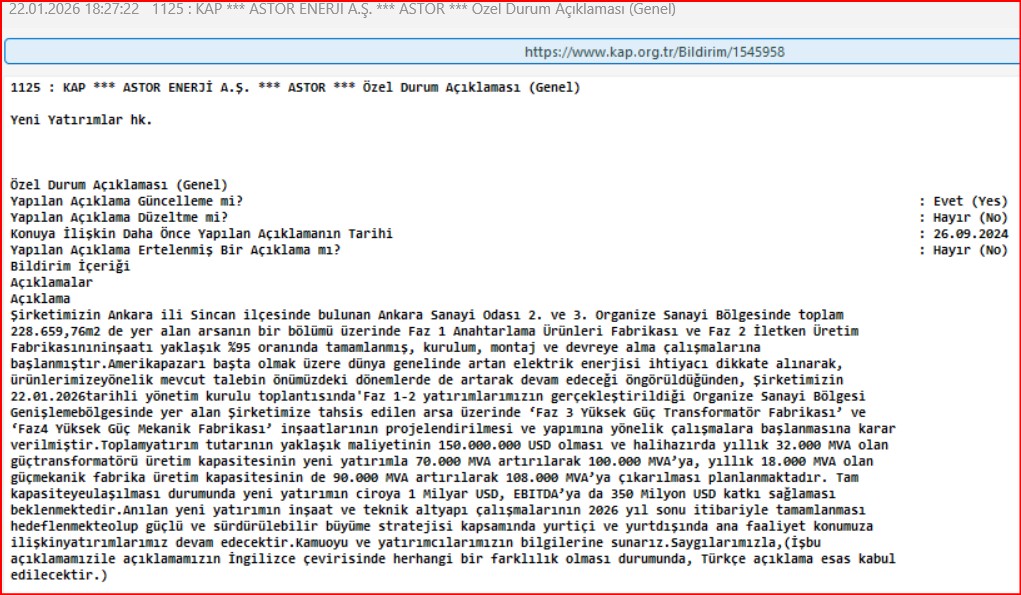 #ASTOR KAP *** ASTOR ENERJİ A.Ş. *** ASTOR *** Özel Durum Açıklaması (Genel)

Yeni Yatırımlar hk.