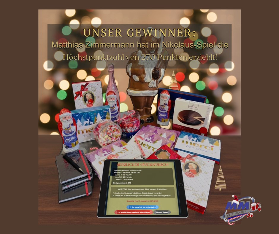 MMGoEast's tweet photo. Herzlichen Glückwunsch! Herr Zimmermann

„Danke fürs Mitmachen – und schon bald geht’s mit einem neuen Oster-Spielen weiter.“

Unser Nikolaus-Gewinnspiel ist entschieden. 
Ein herzliches Dankeschön an alle Teilnehmenden. https://t.co/ZflQ482rFH