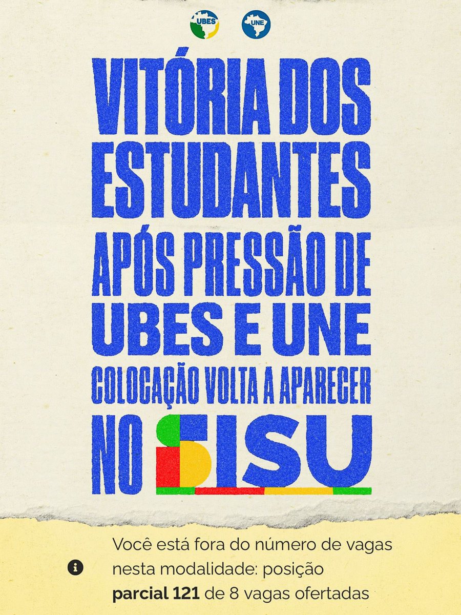 uneoficial's tweet image. VITÓRIA DOS ESTUDANTES! ✊📚

Depois de muita pressão da UBES e da UNE, a colocação voltou a aparecer!
Essa conquista mostra que quando o M.E se organiza e luta, o resultado vem.

Seguimos atentos, mobilizados e na defesa dos direitos dos estudantes.
Nenhum direito a menos! 💥