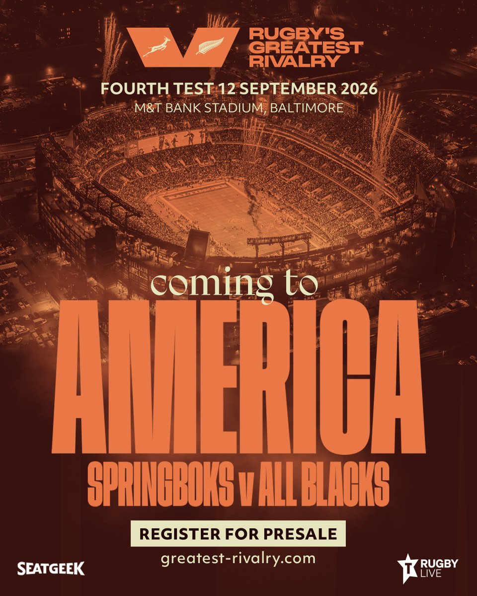 Rugby's Greatest Rivalry is headed to M&amp;T Bank Stadium! 

<a href="/Springboks/">Springboks</a> vs <a href="/AllBlacks/">All Blacks</a> -- #1 &amp; #2 IN THE WORLD -- will square off Saturday, Sept. 12 in Baltimore!

SIGN UP for PRESALE.....you don't want to miss this epic showdown!

Presale -- Thursday, Jan 29 @ 11am EST