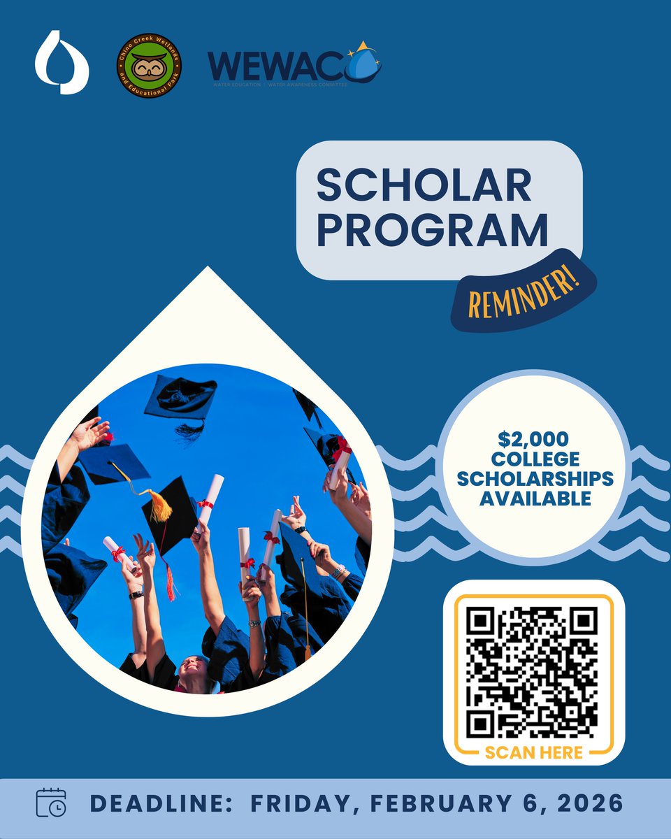The WEWAC 2026 Scholar Program application is open for two more weeks! Don’t miss the chance to earn money for your education!
Find out if you’re eligible:
✅ Do you live in IEUA’s service area or a participating WEWAC member's service area?
✅ Are you planning to attend a two-