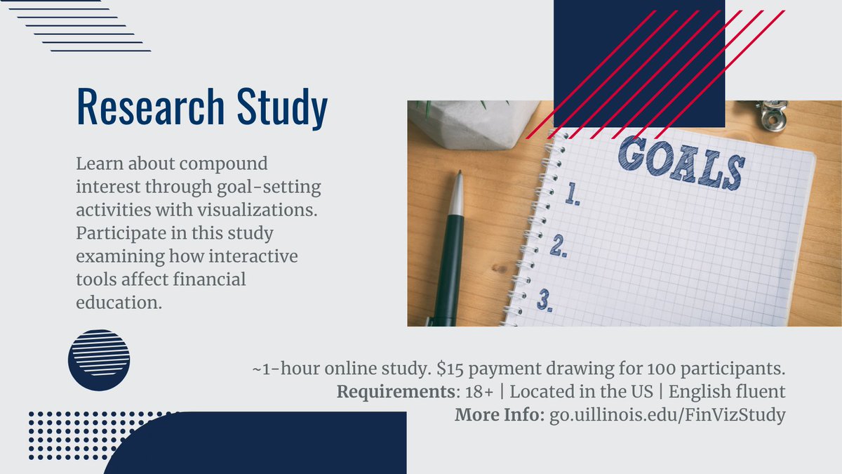 ILStudentMoney's tweet image. Help advance financial education research! Study compound interest through goal-setting activities. 

1hr, $15 drawing, online. 

Contact: 📧 apelleg3@uillinois.edu 

🔗 go.uillinois.edu/finvizstudy 

#ResearchStudy #FinancialEducation #CompoundInterest