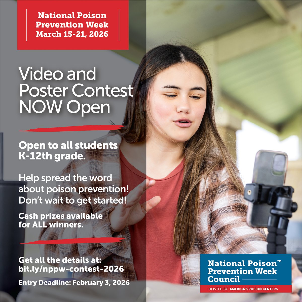 The National Poison Prevention Week Video &amp; Poster Contest is OPEN! 🎨🎥 Help spread poison safety awareness for a chance to win cash. Deadline: Feb 3, 2026. Enter at bit.ly/nppw-contest-2…