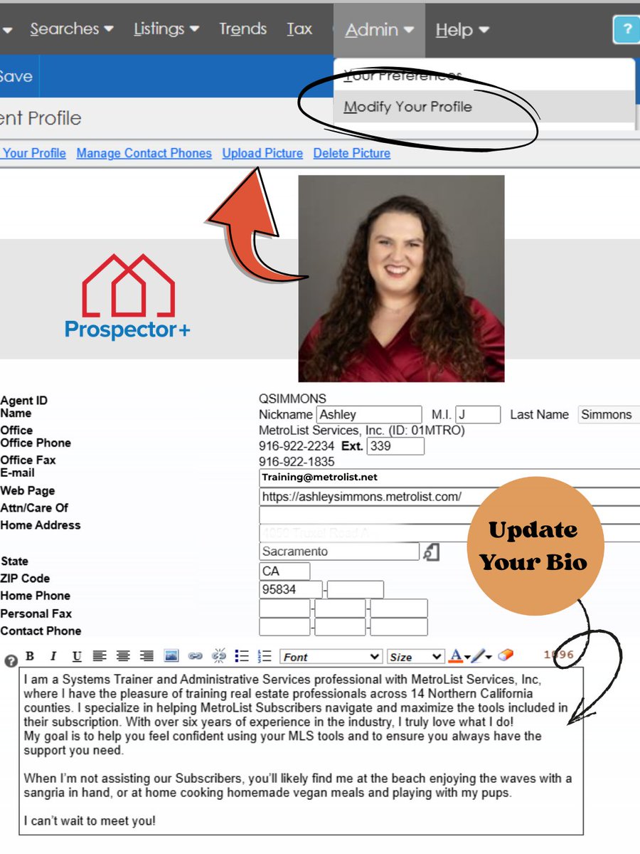 Don't forget to add this to your New Years' goals! Make sure to update your agent branding today in Prospector +! To check on your profile information, go to the admin menu and select, "Modify Your Profile". There, you can update your agent photo, bio, and contact information.
