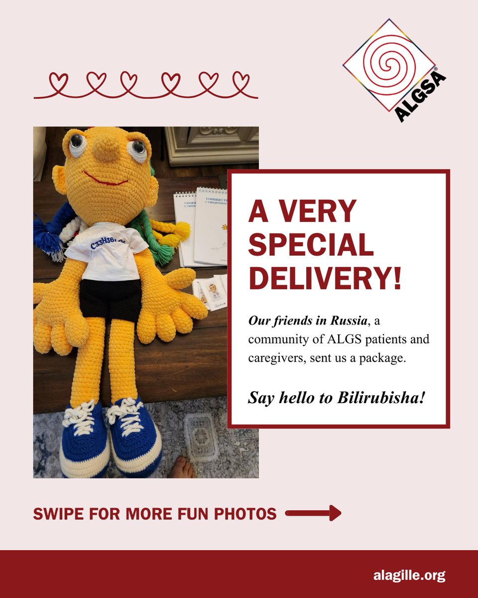 ALGSAlliance's tweet photo. We were honored to receive a package from our friends in Russia—a community of ALGS patients, caregivers, and physicians. Their letter shared the story of their mascot, Bilirubisha, and their impactful advocacy work.

Thank you for all you do for the ALGS community. 🌍💛 https://t.co/nlc2l1cRX8