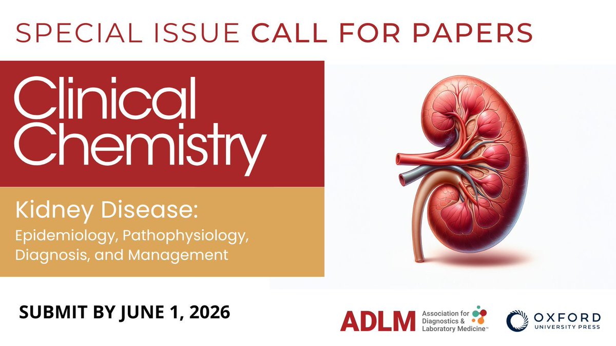 Clin_Chem_ADLM's tweet image. 📣 Call for Papers for Special Issue on #Kidney #Diseases!

Submit your articles, cases and reviews by June 1, 2026!

Editors:
@abk528
@ClinChemJoe
John Lieske
Christine Limonte
Andrew Paterson 

More info 👉 buff.ly/naWCDT1 

#LabMedX #PathX #AKI #CKD #NephroX
#MedX