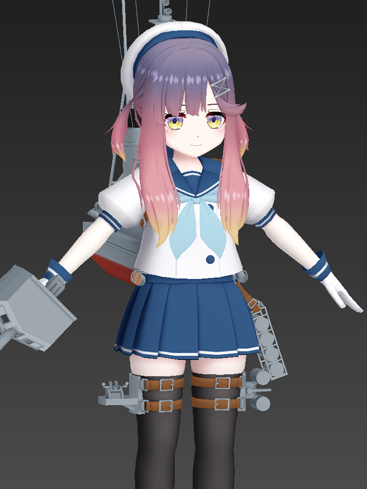 松輪(艦これ) 「maxのワークデータの整理とfbx書き出しが少し進んだ。択捉型のシーンにボーンが」|kzhtwのイラスト