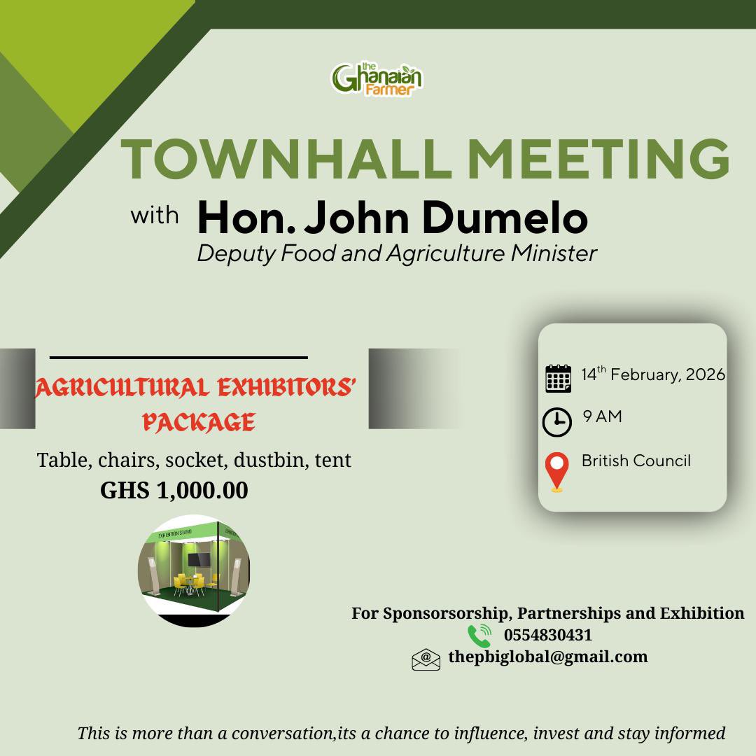 EXHIBIT &amp; CONNECT! 🌿

Agribusiness Community, don't miss this opportunity! Secure a table at the Agricultural Town Hall Meeting on Feb 14th and connect with Ghana's emerging agri-leaders, policymakers, and industry stakeholders! Showcase your products/services and amplify your