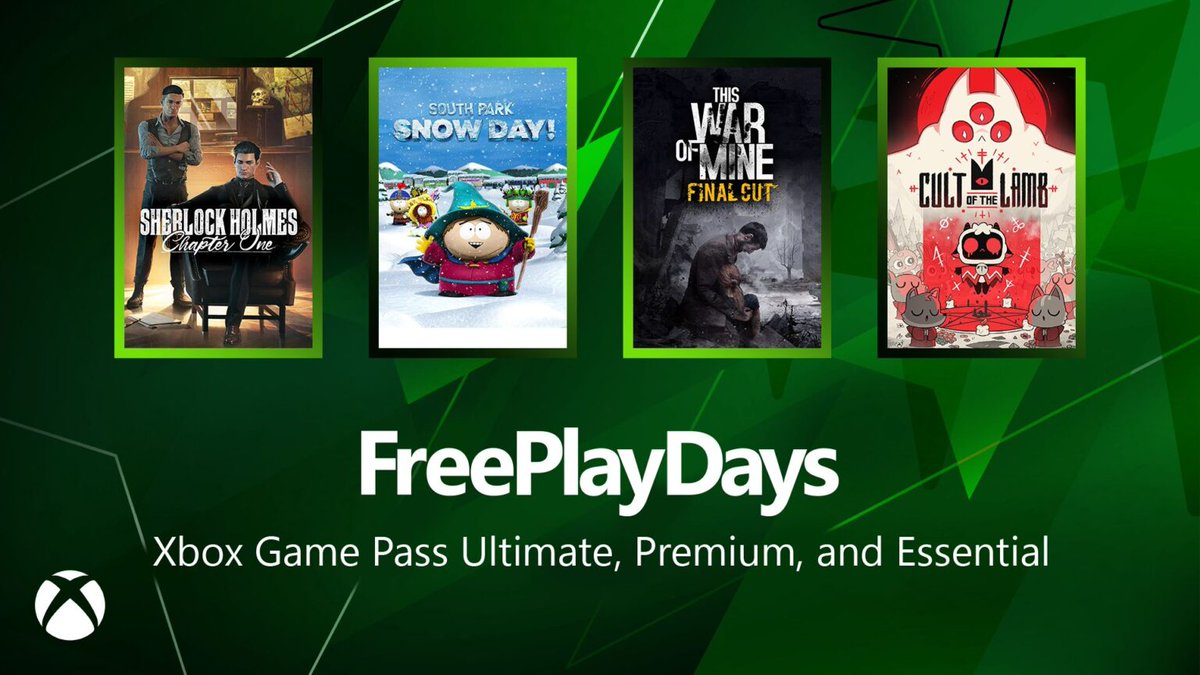 ColectivaXbox's tweet image. DIAS DE JUEGO GRATIS: Los usuarios de Xbox con Game Pass podrán jugar Sherlock Holmes Chapter One, South Park: Snow Day, This War of Mine: Final Cut y Cult of the Lamb hasta el lunes por la madrugada.
