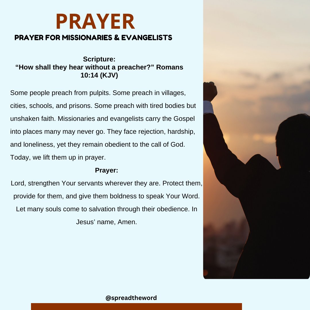 Spreadtheeword's tweet photo. Join in brethren as we pray for men and women carrying the Gospel to places manyay never go. May God strengthen them.

Take few minutes to pray for Missionaries and Evangelist 

#spreadtheword #JesusChrist #ChristianLiving https://t.co/0vcsY8IN7e