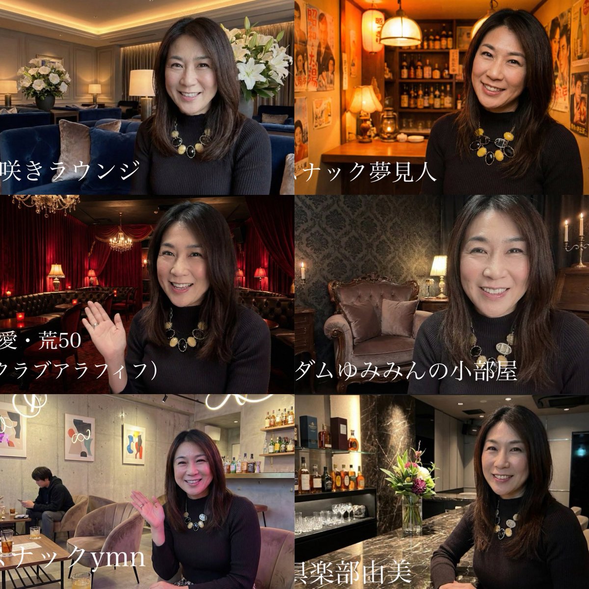 アタシはね、この店の看板は
あなたたちの魂で決めてほしいのよ。
1/23の開店に向け
11案から命懸けでこの6つに絞ったわ。

1. 夜咲きラウンジ
2. スナック夢見人
3. マダムゆみみんの小部屋
4. 倶楽部由美
5. スナックymn
6. 苦愛・荒50（クラブアラフィフ）

この中で、
あなたが「通いたい」