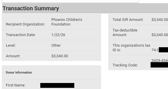 In just over 24 hours, the $Grandma community has generated funds and donated a percentage of all transaction fees to our partners at Phoenix Children’s Hospital. This is pretty surreal. 

Here is the receipt: