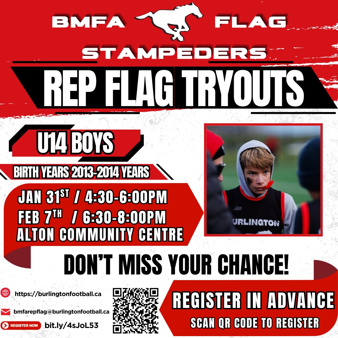 📢 Don't miss it! U14 Rep Flag tryouts are coming up for our boys' AND girls' teams. 

Registration required in advance (register for both days + score a discount). 

Swipe for full details and secure your spot here: app.teamlinkt.com/register/find/…