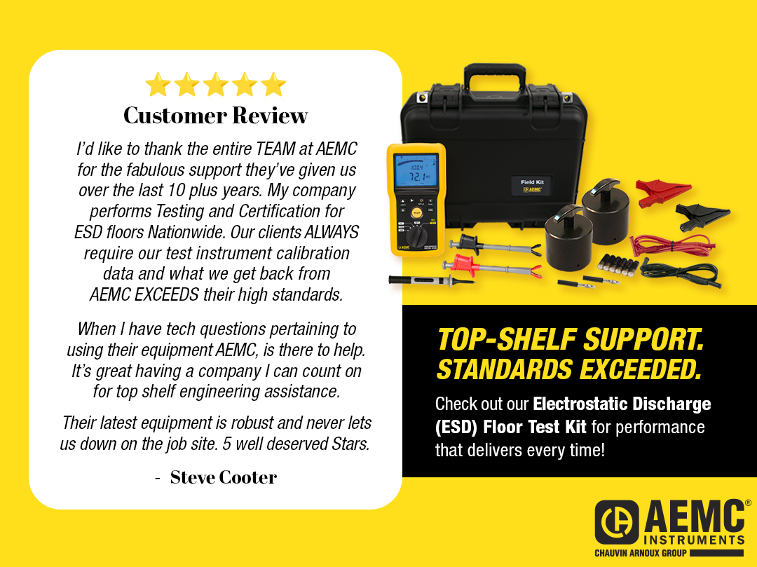 Thank you @SteveCooter for the 5-star rating! #AEMCInstruments truly appreciates your feedback. It means a lot to know our reliable products perform day in and day out on the job site.
Our Electrostatic Discharge Kit (ESD) is one of those products. bit.ly/4r4BFZS
#AEMC