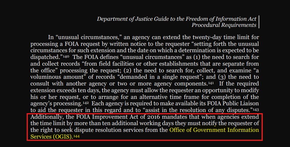 NicholasRaia2's tweet image. Office of Information Policy | Department of Justice Guide to the Freedom of Information Act: Time Limits Pg. 38; suggests notifying (OGIS) for extended delay of our #MMTLP FOIA requests. I know, file more complaints... But at minimum you will have it on record.
