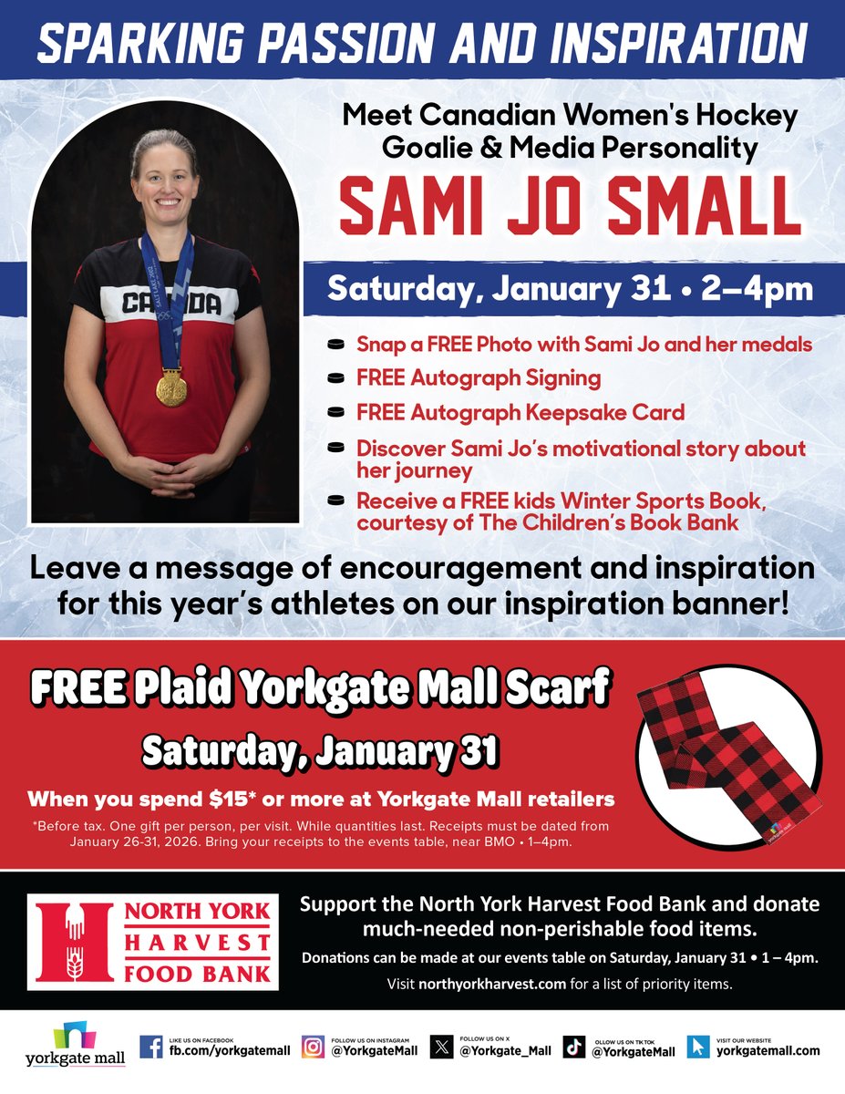 yorkgate_mall's tweet photo. Don’t miss an incredible opportunity to meet @SamiJoSmall A two-time gold medalist and silver medalist with the Canadian Women’s Hockey Team.  

When: Saturday, January 31 • 2 – 4pm
Where: 1 Yorkgate Blvd, North York (Yorkgate Mall)

#YorkgateMall #Winter #January #Canada https://t.co/cRn12olrsg