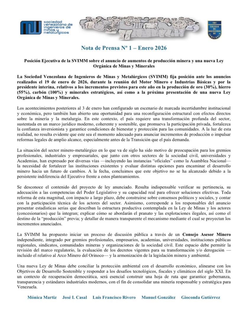 #Minería 🇻🇪 | La Sociedad Venezolana de Ingenieros de Minas y Metalúrgicos (<a href="/SVIMM_CIV/">SVIMM</a>) publica su Nota de prensa N° 1 en la que fija posición sobre el anuncio de aumentos de la producción minera y la nueva Ley Orgánica de Minas y Minerales. ⬇️