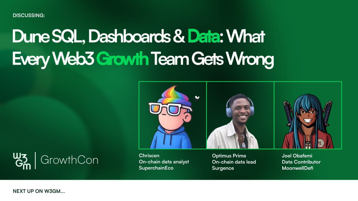 We're having our First multi-guest session tomorrow with <a href="/0xOptimusPrime/">Optimus Prime</a>, <a href="/chris_onchain/">theChriscen</a> &amp; <a href="/joel_obafemi/">Joel Obafemi</a>.

We'll be discussing Dune SQL, Dashboards &amp; Data: What Every Web3 Growth Team Gets Wrong.

What would you love to ask them? Drop in the comments.