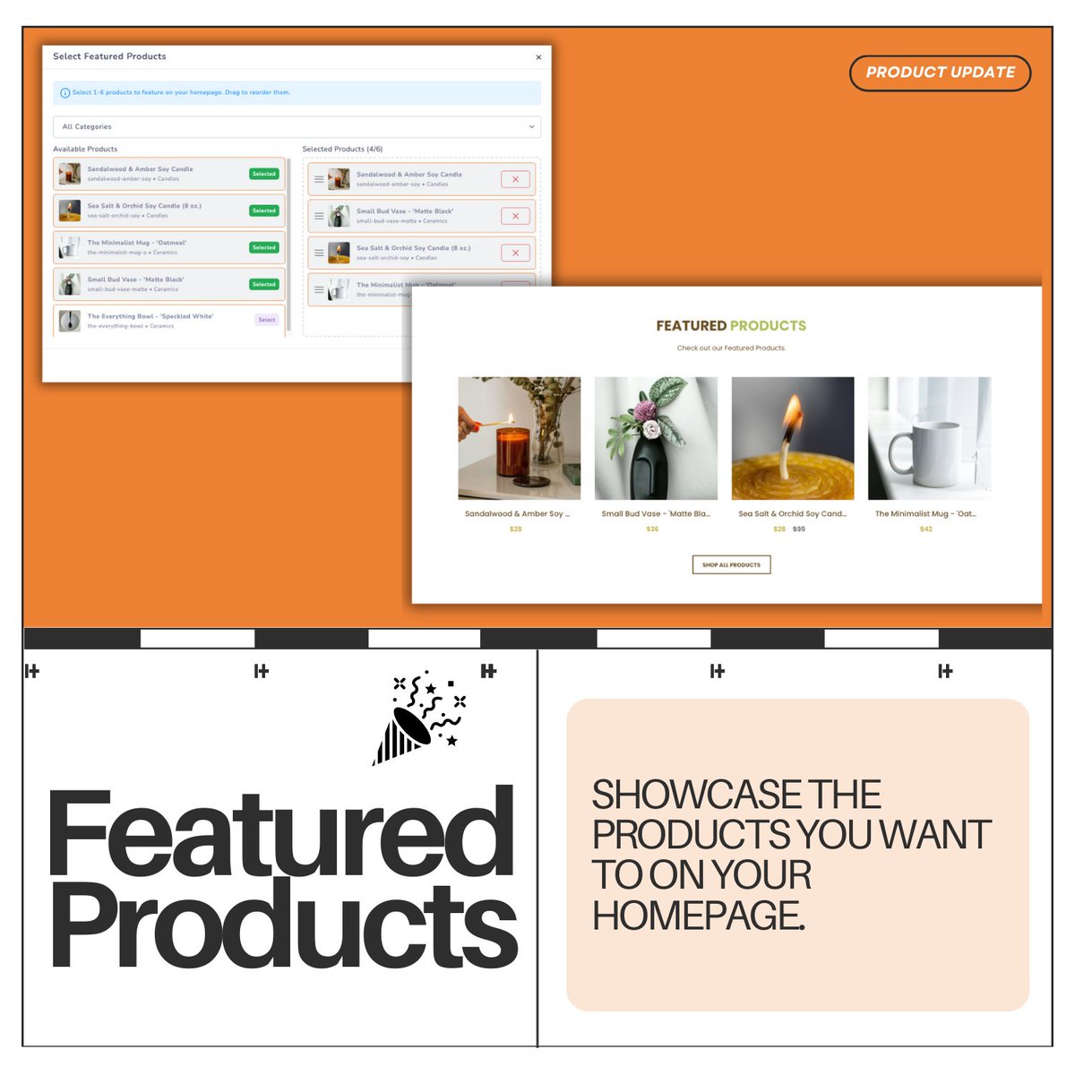 E2cStore's tweet image. Featured Products is officially LIVE.

Stop showing just "New Products." Start showing your BEST products.

Select 1-6 items to showcase. Drag &amp;amp; Drop to reorder. Instant homepage updates.

Your storefront, your rules. 

#Ecommerce #BuildInPublic #SaaS