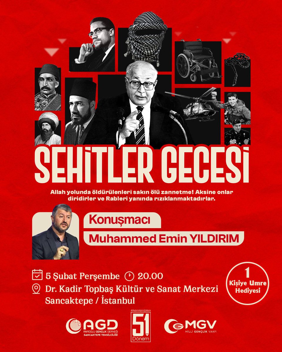 agdsancaktepe's tweet photo. ŞEHİTLER GECESİ

“Allah yolunda öldürülenleri sakın ölü zannetmeyin! Aksine onlar diridirler ve Rableri yanında rızıklanmaktadırlar.”

🎙 Konuşmacı: Muhammed Emin YILDIRIM
📅 5 Şubat Perşembe
🕗 20.00
📍 Dr. Kadir Topbaş Kültür ve Sanat Merkezi
📌 Sancaktepe / İstanbul https://t.co/NKXd1eokdo