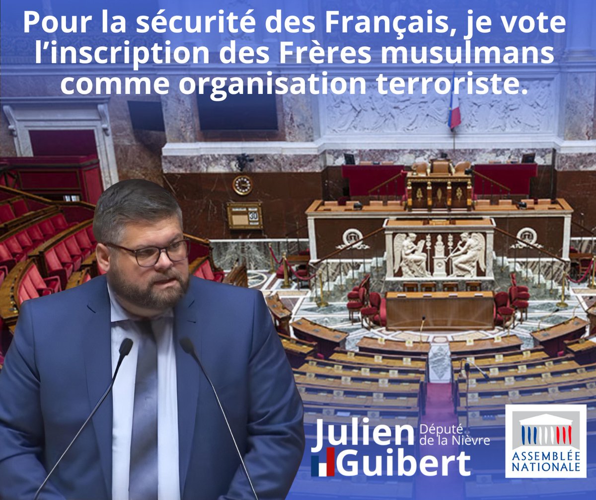 🇫🇷 Face aux Frères musulmans, j’ai voté la protection de la France ! 
À l’Assemblée, j’ai voté la proposition de résolution européenne visant à inscrire la mouvance des Frères musulmans sur la liste européenne des organisations terroristes.
Un vote clair.
Un choix assumé.
#RN