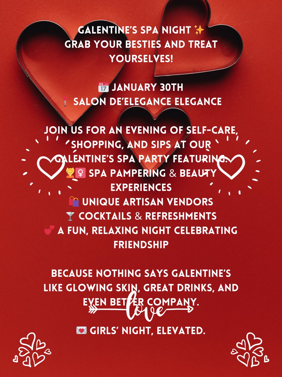 A night for you and your best friends ! 

Mimosa bar, bouquet bar, hat bar , permanent jewelry and lots of pampering services from our providers ! 

Plan to attend ! $5 entrance . % to be  donated to Aprils Tri Kappa committee