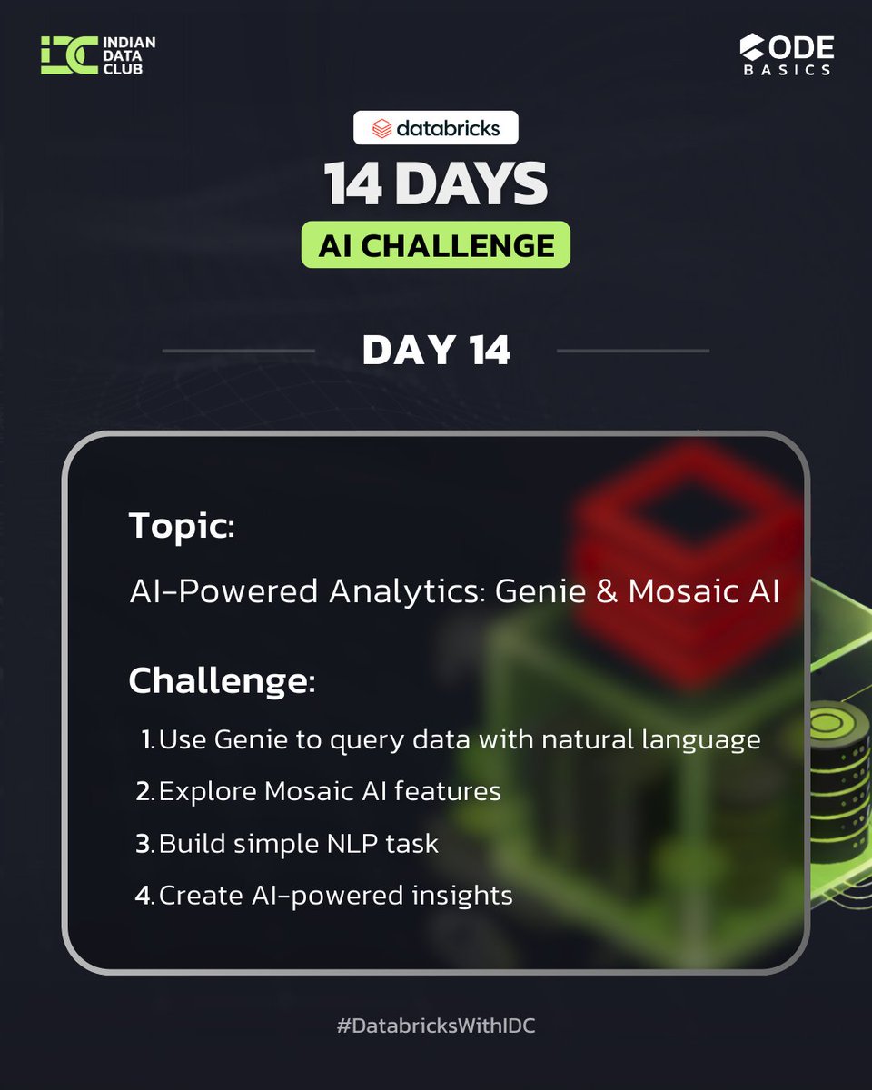 lakkilohitha's tweet photo. Day 14 of  AI Challenge by @indiandataclub , @codebasicshub  &amp; @databricks 
Hands-on with:
• Databricks Genie
• Mosaic AI
• GenAI integration
• AI-assisted analysis
Here is my Linkedin Post Link : 
https://t.co/6y6TbaBG21
#DatabricksWithIDC  #LakkiData #LearningSteps https://t.co/MdZEw0FIVG
