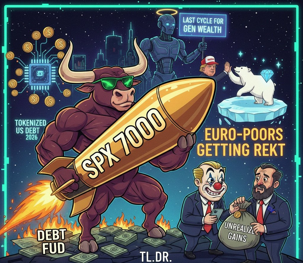 $SPX to 7000? Greenland Longs &amp; Debt FUD 🚀📈

​The suits are trying to scare you with "Debt Crisis" headlines again. Don’t fall for the mid-curve bait.

Here’s the alpha:
​Bullish on Ice: Trump’s Greenland play is basically a massive infrastructure and rare-earth minerals pump.