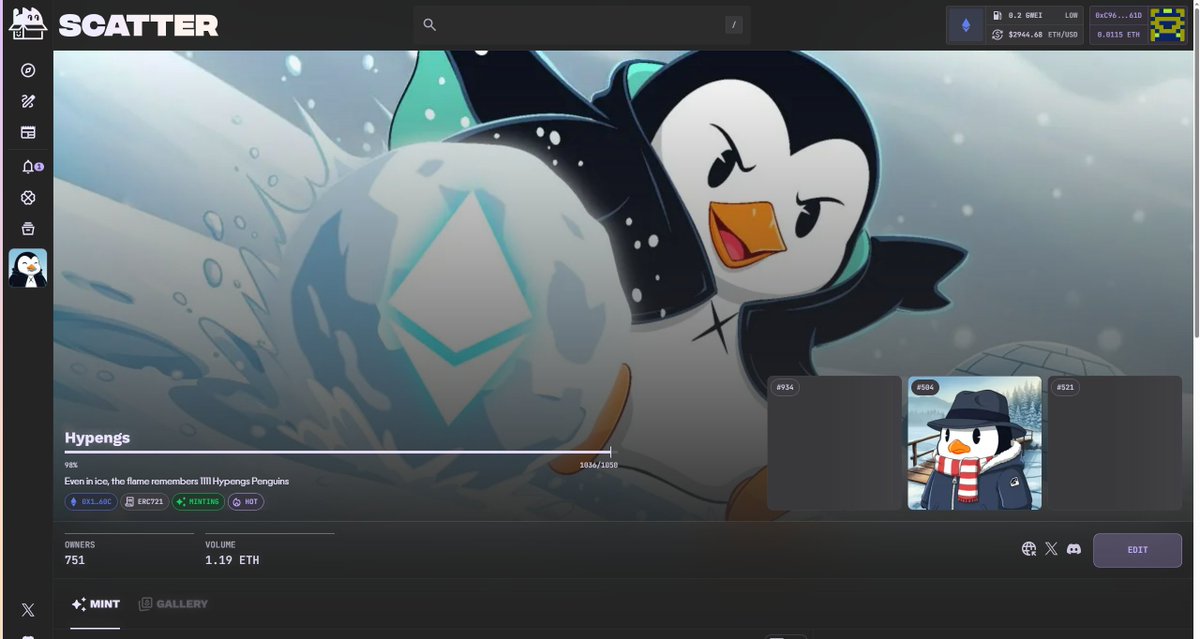 Hypengs_HL's tweet image. We’ve completed the reveal of Hypengs.

The marketplace will remain closed until the collection is completely sold out.

Only 9 of Hypengs remaining before mint closes.

Mint Links: scatter.art/collection/hyp…