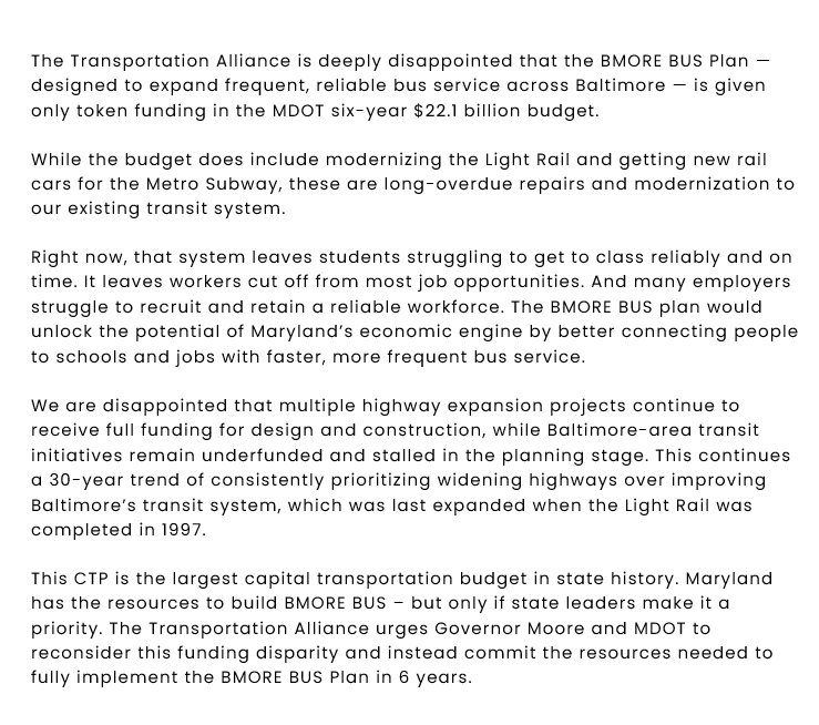 CMTAlliance's tweet photo. Please read our statement on the transportation budget and its failure to fully fund #BmoreBus. 
@mtamaryland
@sierraclubmd 
@bikemorebmore 
@TheFundBalt https://t.co/70HJO9HFKU