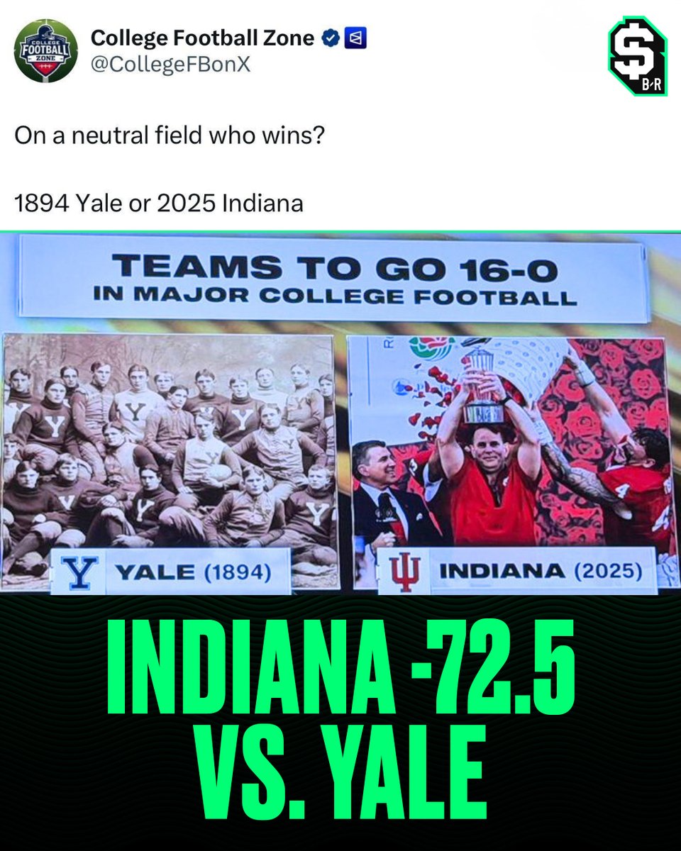 br_betting's tweet image. 1894 Yale gave up 13 points THE ENTIRE SEASON...

2025 Indiana -72.5: Who ya got? 😂

(via @CollegeFBonX)