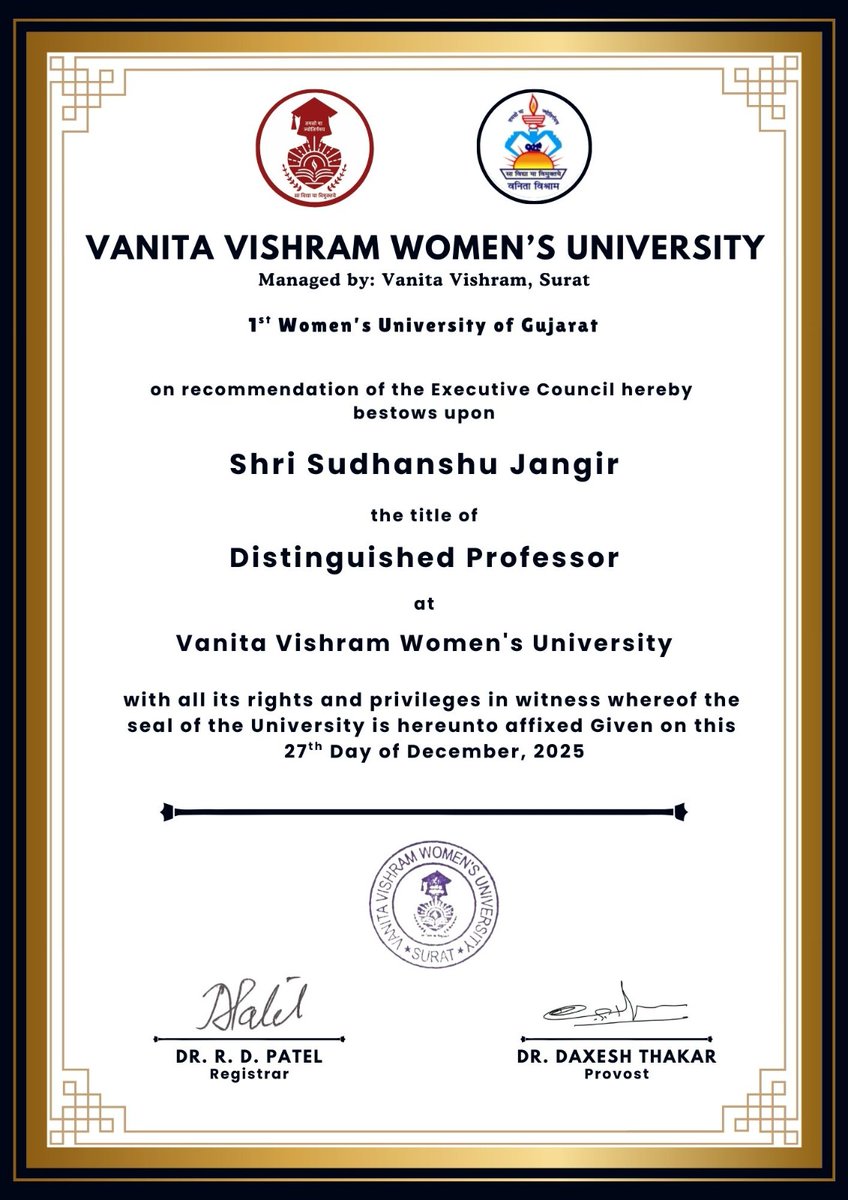Drskill_'s tweet photo. When good work creates real impact, recognition follows.
A proud moment for Dr Skill as our CEO is honoured as a Distinguished Professor by Vanita Vishram Women’s University — Gujarat’s first & only women’s university.
#DrSkill #LeadershipWithPurpose #DistinguishedProfessor https://t.co/u9eGJQj6SO