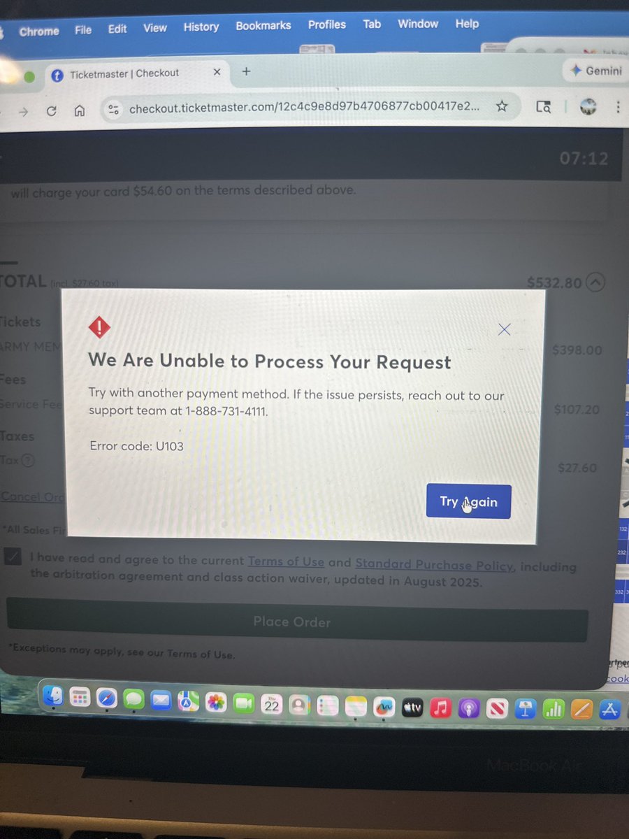 taesbaebie's tweet photo. @Ticketmaster can you please help me I kept getting this error during check out and I wasn’t able to buy anything during @bts_bighit Tampa presale 😭 https://t.co/GM7yx2mhiF