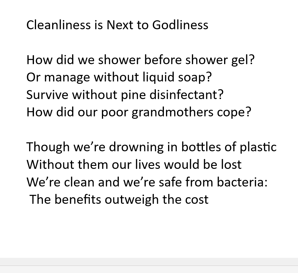 While showering with my scritchy-scratchy sisal soap bag I noticed the number of plastic bottles scattered about. Here's a little hum (mine, not Hattie's) on the topic