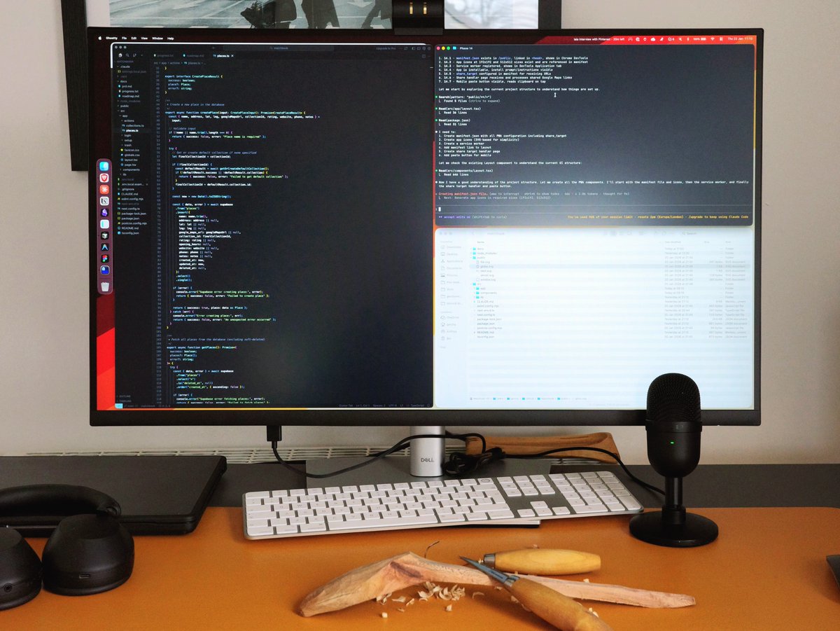 Code on the screen, wood shavings on the desk. 🪵💻

The AI agent is shipping the features. I’m shipping the spoon.

Is this the future of work?
A) Yes, we're becoming AI Orchestrators
B) No, this is a high-tech lunch break
C) I'm just here for the spoon