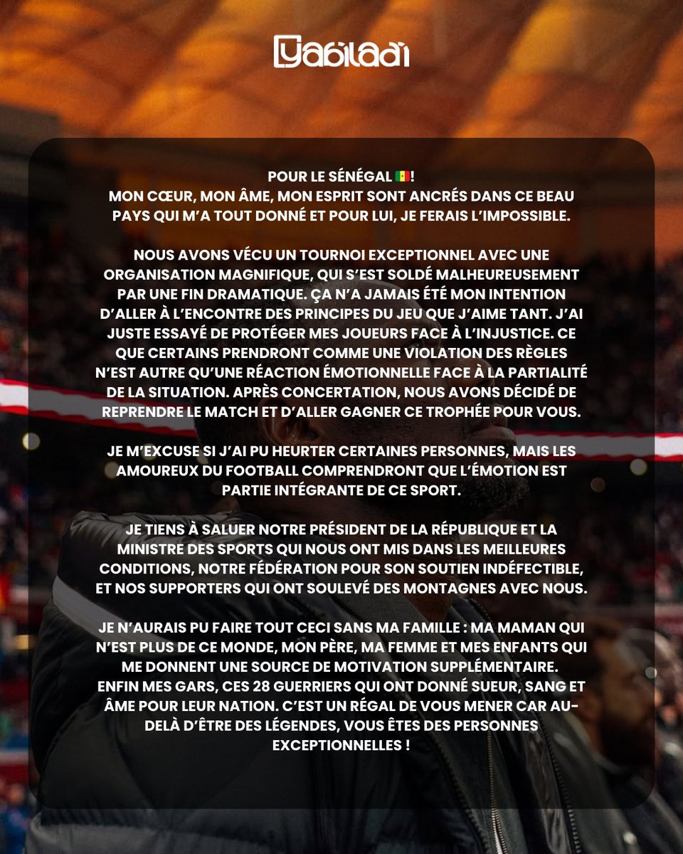 yabiladi_fr's tweet photo. L’entraîneur sénégalais Pape Thiaw a présenté des excuses implicites via une publication sur ses réseaux sociaux concernant son comportement lors de la finale de la CAN, sans évoquer une seule fois le Maroc
#PapeThiaw #Sénégal #CAN2025 #FinaleCAN #LionsDeTeranga #AFCON2025 https://t.co/wtB8vCVI7N