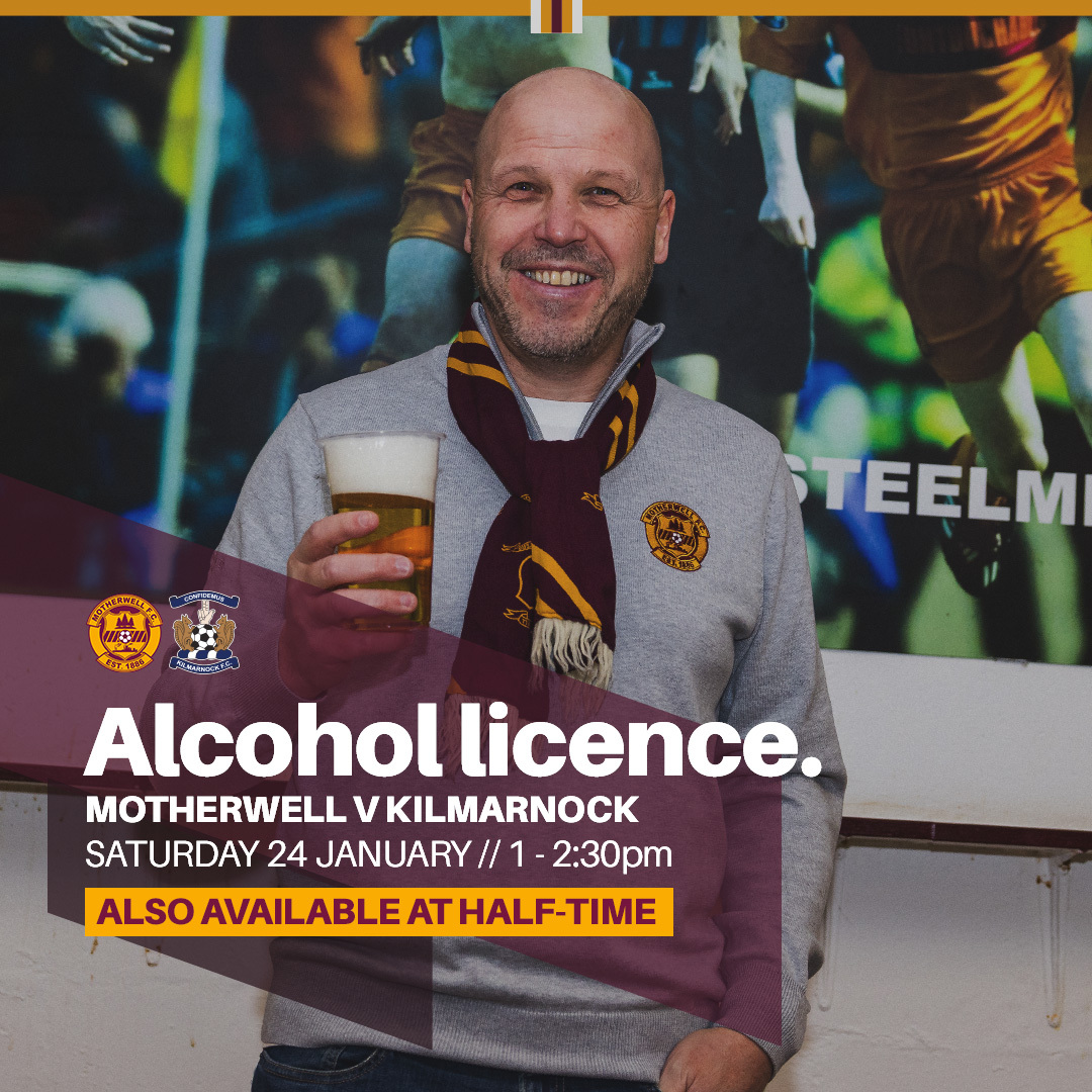 MotherwellFC's tweet photo. Half-time refreshments this weekend 🍺

We will be the first club in Scotland who can sell alcohol during half-time since the start of the new trials. 

This will be a 15-minute period commencing from the whistle signifying the start of half-time.