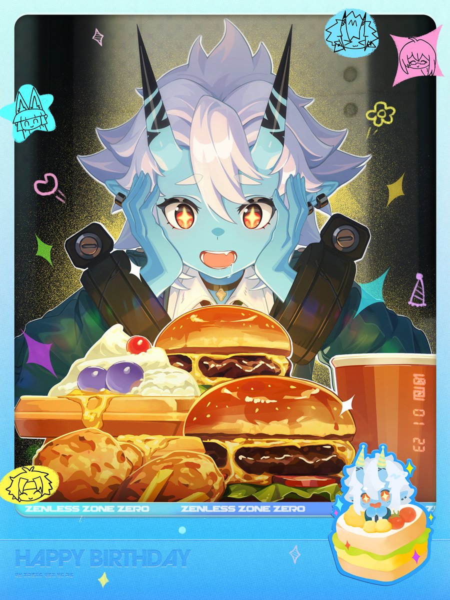 ZZZ_JP's tweet image. ハッピーバースデー、蒼角｜甘じょっぱエーキューキカン

「へへっ、ナギねえが特別に許可してくれたの！蒼角、今日は『かろりー』気にせず食べていいんだって！」
「じゃあ、まずハンバーガー3つと、プリン4つ！しょっぱい用のおなかと、甘い用のおなか、ふたつあるからへっちゃらだよ～」…