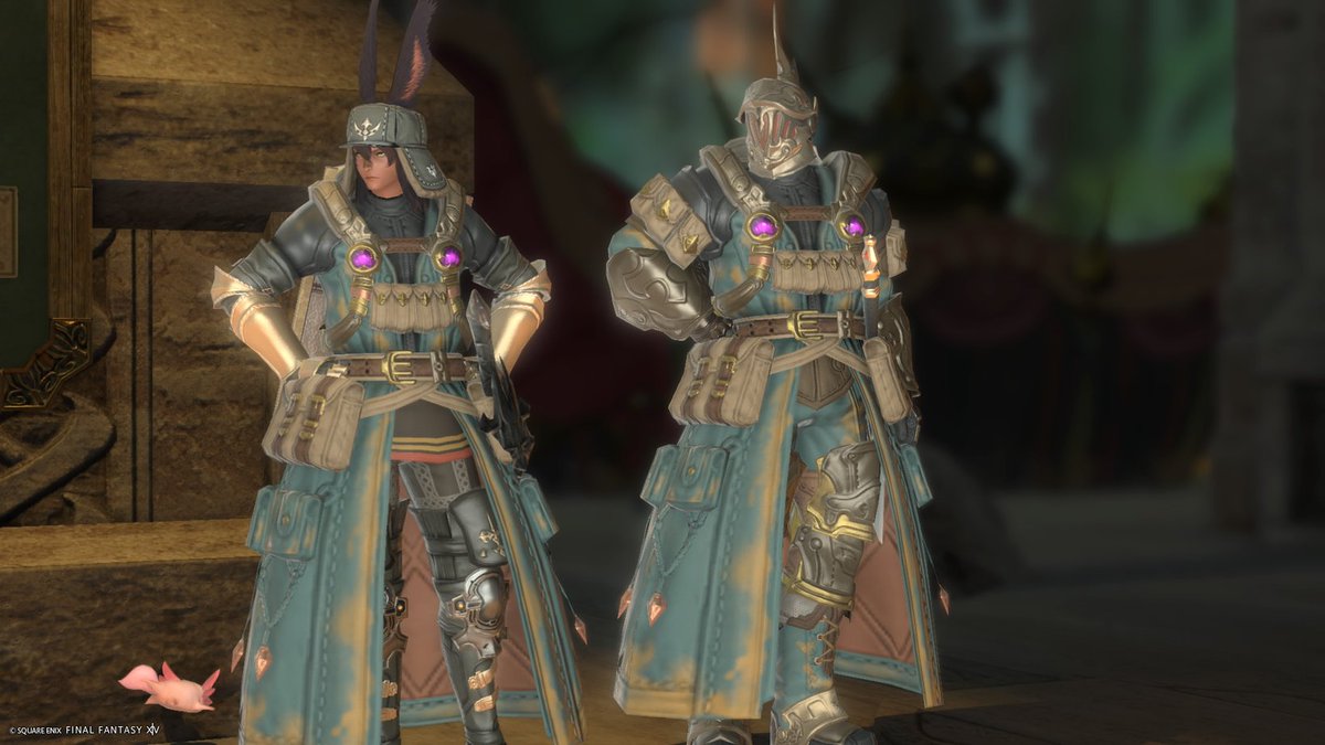 ラールガーズリーチモブハントボード横のNPCとフィリバスターディフェンダーガンビスン合わせをするナイト男性