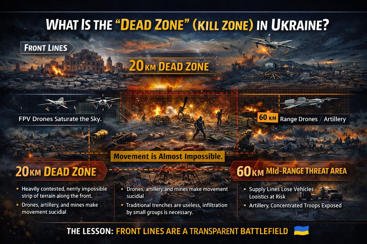 evo1tactical's tweet photo. I was asked yesterday what the "Kill Zone" is in Ukraine.

This is a simplified explanation, because there is far more to this than can fit in a single post. But I want to give people a clear, basic understanding.

When people talk about the “dead zone” or “kill zone” in Ukraine, they are talking about a strip of land along the front, usually 10 to 20 kilometers deep, where moving almost guarantees you will be seen and targeted. Not by a soldier in a trench, but by drones, artillery, aviation, and mines working together. The sky is never empty. FPV drones hunt movement in real time. Artillery follows within minutes.

This has shattered the old idea of trench warfare. There is no clean front line anymore. Instead, there is a constant gray area of destroyed ground where soldiers are watched, tracked, and hunted by technology. Moving supplies, evacuating wounded, or rotating troops through this zone is often impossible without taking losses.

Vehicles rarely survive long. So movement happens in tiny groups on foot, sometimes over several days. Russia has even turned to motorcycles and ATVs, not because they are good, but because speed slightly reduces how long a drone can lock onto you. Bad weather becomes cover. Rain and fog are no longer inconveniences. They are survival windows.

And the danger does not stop at the front. Drones now reach 40 to 60 kilometers behind it. Logistics, artillery, Command/Control, and troop concentrations are exposed. There is no safe rear area the way Western armies expect.

Psychologically, this place is brutal. Soldiers hide in basements, ruins, or underground shelters for days, unable to move, knowing a single mistake can draw a drone. Wreckage and bodies often cannot be recovered, not because of neglect, but because going back means dying too.

This is only the surface level. There is much more to this fight. But the lesson is already clear for NATO and Western forces. The battlefield is transparent. If you can be seen, you can be killed.

Ukraine is fighting the war everyone else will face next. Learn from it. Adapt now. Support Ukraine.

Slava Ukraini. Heroyam Slava. 🇺🇦
