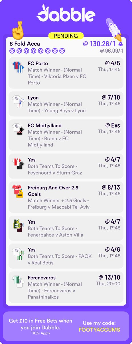 FootyAccums's tweet photo. Selections = UNLOCKED! 🔓

❤️ IF this wins: We will give away £50 to someone who LIKES this post & £50 to someone who REPOSTS it!

📲 BEST PRICED at Dabble, get set up HERE >>> https://t.co/JwlCpklOGI

🚀 Rocket boost has taken us from 96/1 to 130/1!
🤯 Priced at just 81/1 at some other bookies!

Ad | GambleAware | 18+ | New Customer Offer | Always Gamble Responsibly