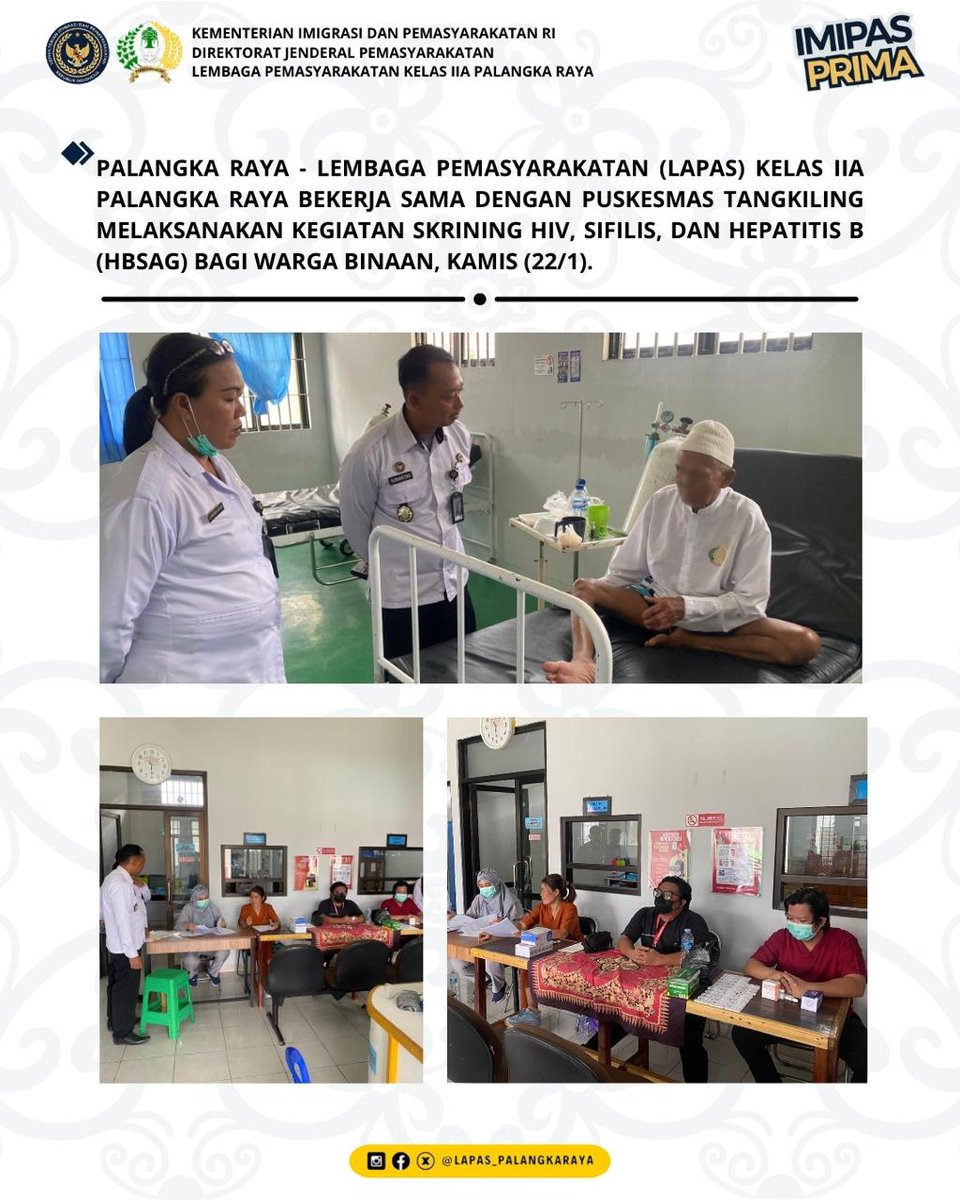 Lapas Palangka Raya Gelar Skrining HIV, Sifilis, Dan Hepatitis B Bagi Warga Binaan

#kemenimipas
#Ditjenpas
#pemasyarakatan
#guardandguide
#DitjenpasKalteng
#IPutuMurdiana
#infoimipas
<a href="/kemenimipas/">Kementerian Imigrasi dan Pemasyarakatan Republik I</a>
@kemenimipas_story
@diary_kemenimipas
<a href="/galeri/">galeri</a>.kemenimipas
@kanwilditjenpaskalteng