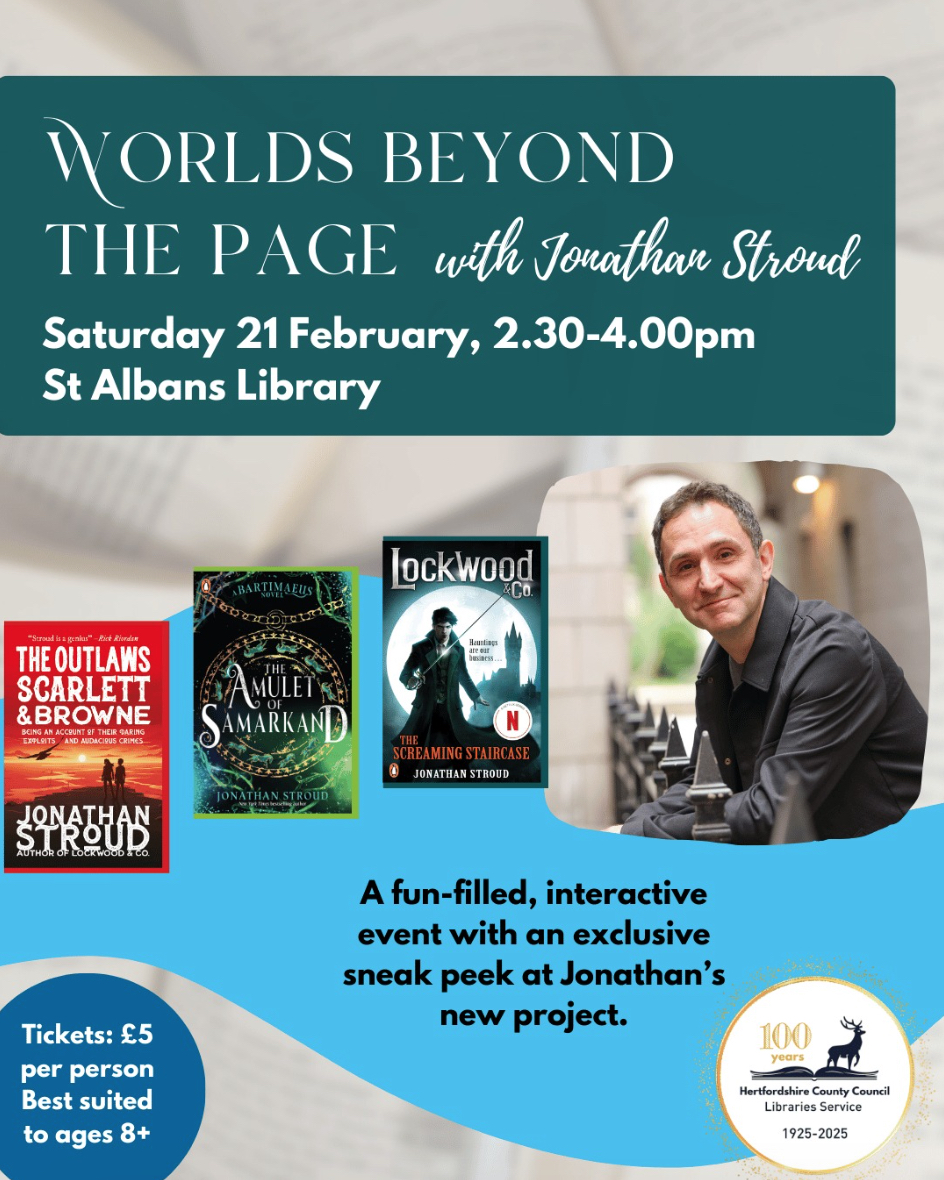 GeorgiaLawePR's tweet photo. UK EVENT NEWS - join @JonathanAStroud on 21 Feb for a special event at @stalibrary_uk to celebrate 100 years of @HertsLibraries! 📚
Jonathan will talk about #LockwoodandCo #Bartimaeus #ScarlettandBrowne & get a sneak peek at a new project.
For tickets: https://t.co/ZDdNOoSX8p https://t.co/VPPma2RMRv