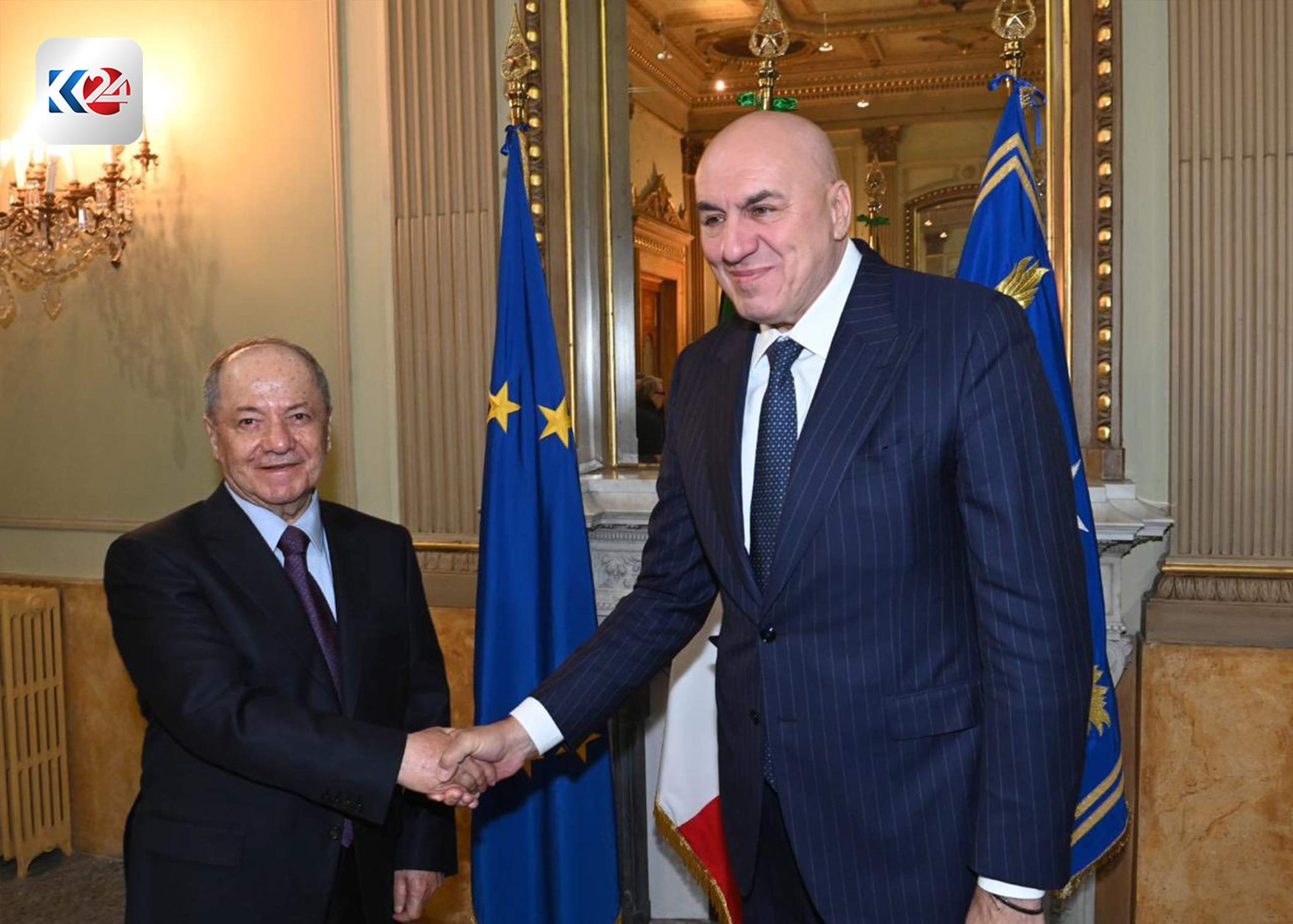 جانب من استقبال الرئيس مسعود بارزاني، في العاصمة روما، من قبل غويدو كروسيتو وزير الدفاع الإيطالي 