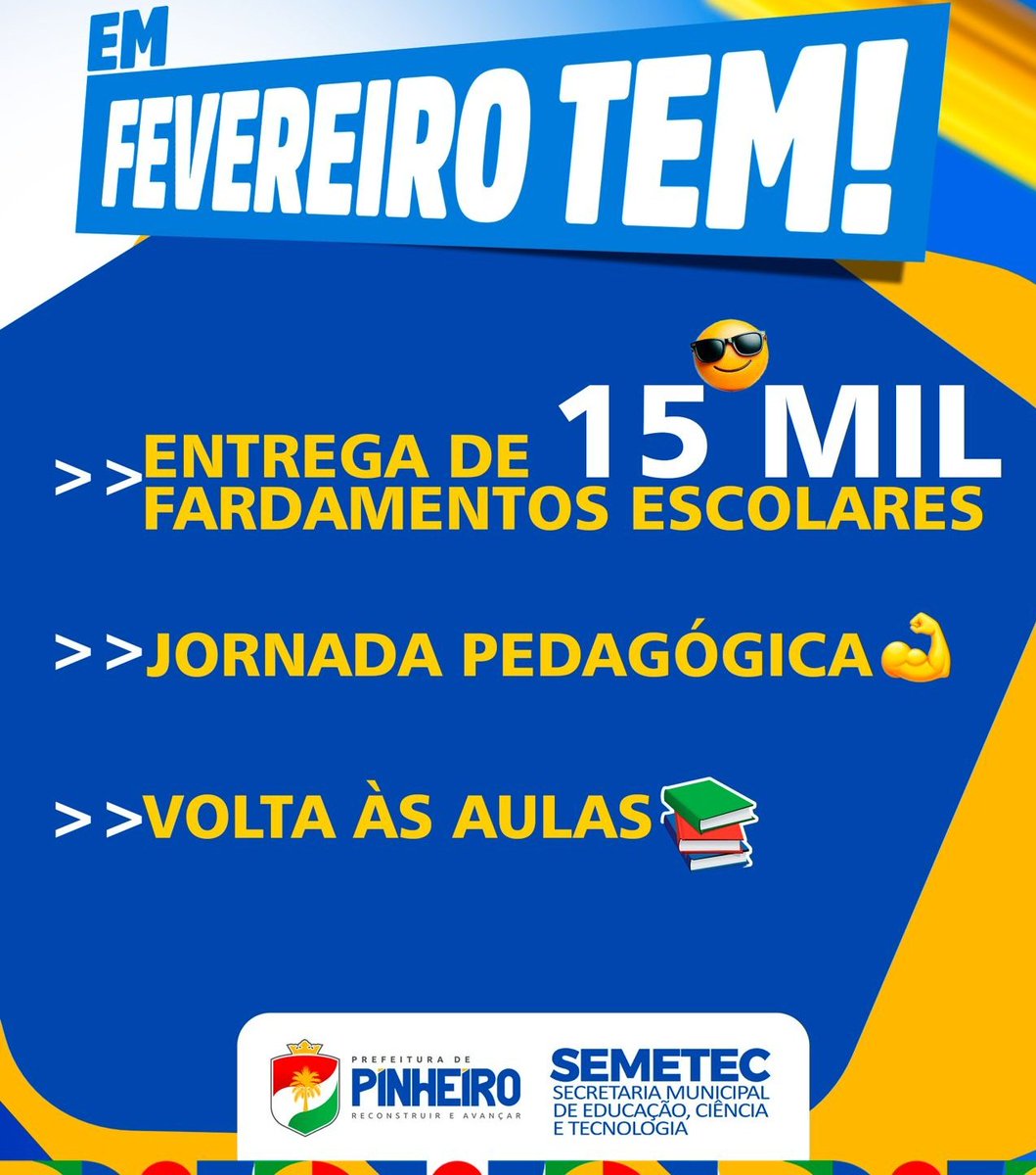 Ano letivo no tempo certo. Educação reconstruída, mestres preparados e nossos alunos avançando com fardamento garantido. Espia o que teremos em Fevereiro: