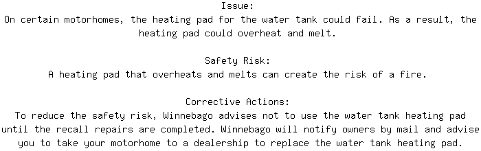 CanadianRecalls's tweet image. Safety Recall for 2024 WINNEBAGO SPIRIT Electrical. Approx. 156 units affected.